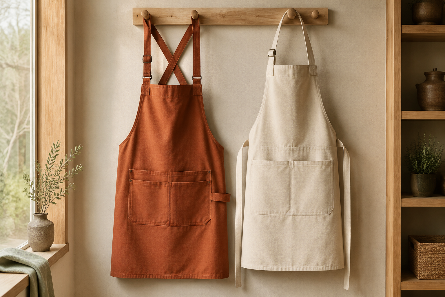 Premium aprons arranged in a warm studio