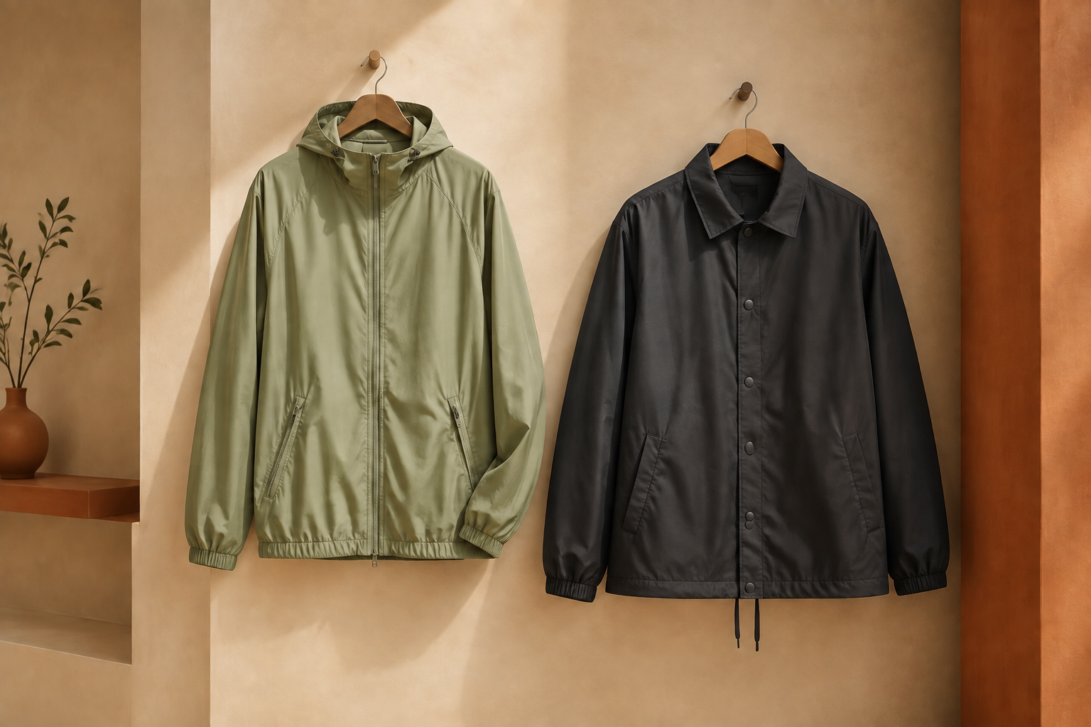 Sage windbreaker and graphite coach jacket