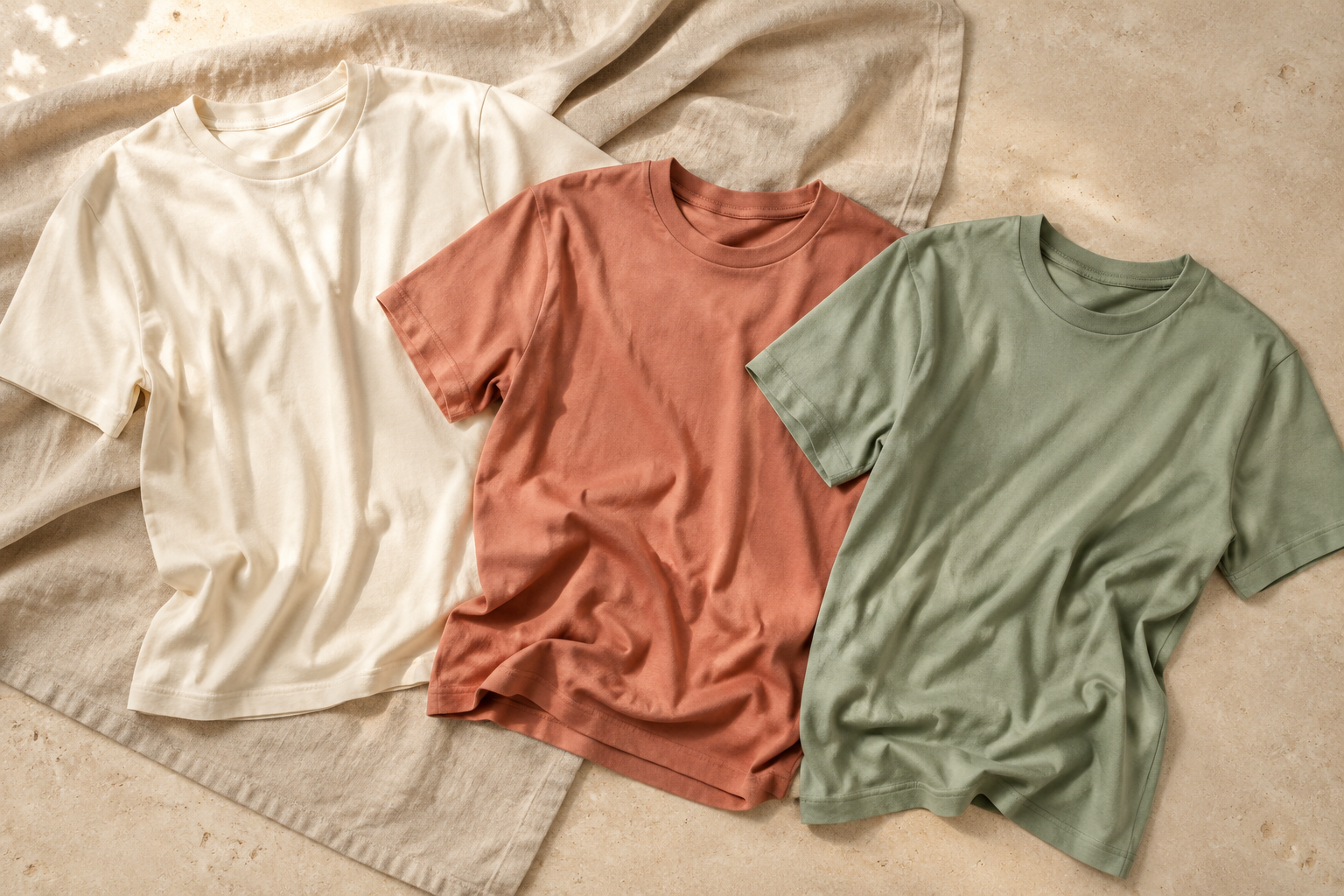 Cream, terracotta and sage T-shirts arranged on warm stone
